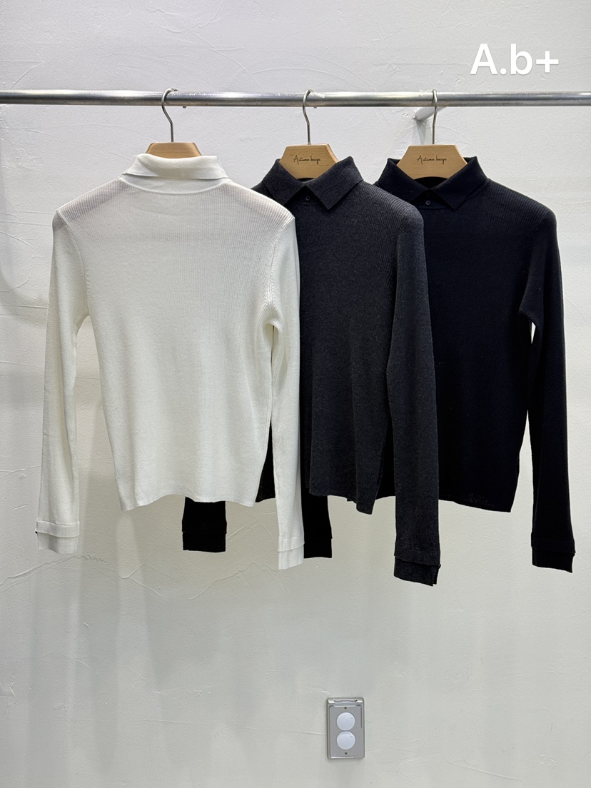 A.b+/AUTUMN BEIGE東大門實拍26秋冬翻領修身針織衫修身黑色翻A.b+/AUTUMN BEIGE針織衫