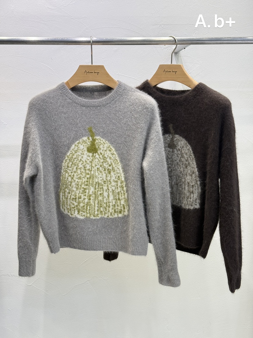 A.b+/AUTUMN BEIGE韓國直郵26秋冬南瓜圖案圓領毛衣落肩圓領A.b+/AUTUMN BEIGE毛衣