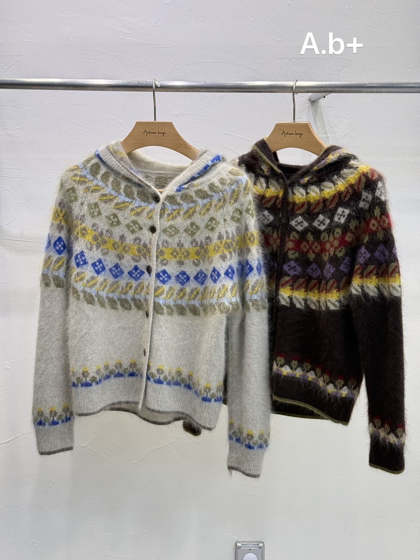 A.b+/AUTUMN BEIGE韓國直郵26秋冬復古提花連帽開衫毛衣單排扣A.b+/AUTUMN BEIGE毛衣
