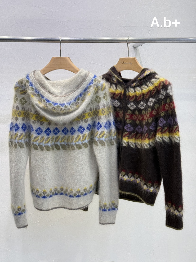 A.b+/AUTUMN BEIGE韓國直郵26秋冬復古提花連帽開衫毛衣單排扣A.b+/AUTUMN BEIGE毛衣