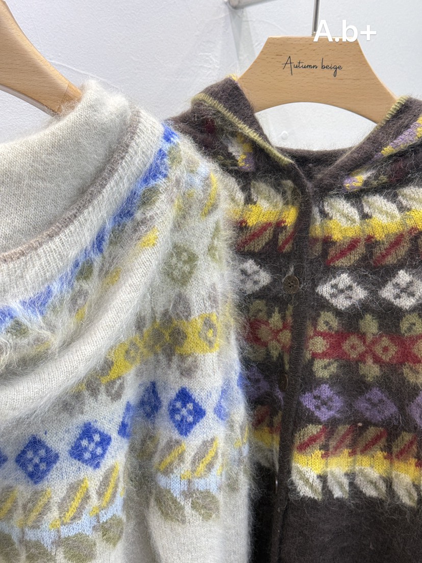 A.b+/AUTUMN BEIGE韓國直郵26秋冬復古提花連帽開衫毛衣單排扣A.b+/AUTUMN BEIGE毛衣