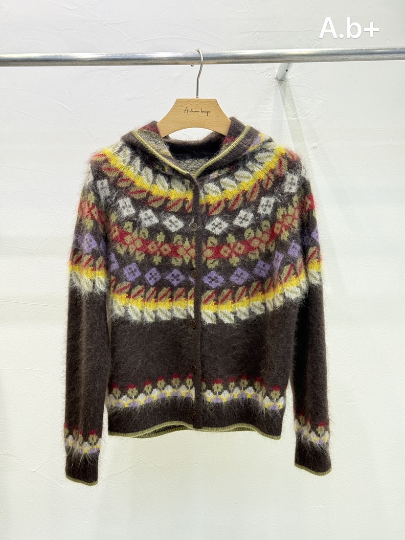 A.b+/AUTUMN BEIGE韓國直郵26秋冬復古提花連帽開衫毛衣單排扣A.b+/AUTUMN BEIGE毛衣圖色1