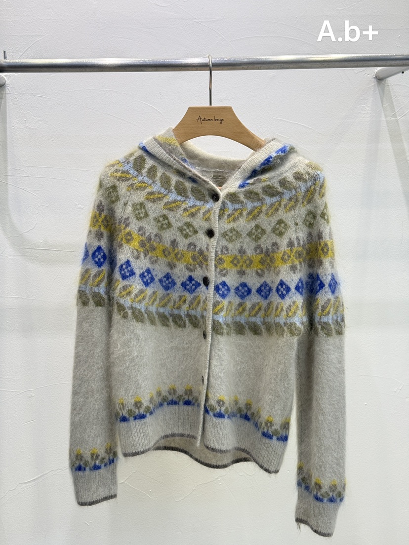 A.b+/AUTUMN BEIGE韓國直郵26秋冬復古提花連帽開衫毛衣單排扣A.b+/AUTUMN BEIGE毛衣圖色2