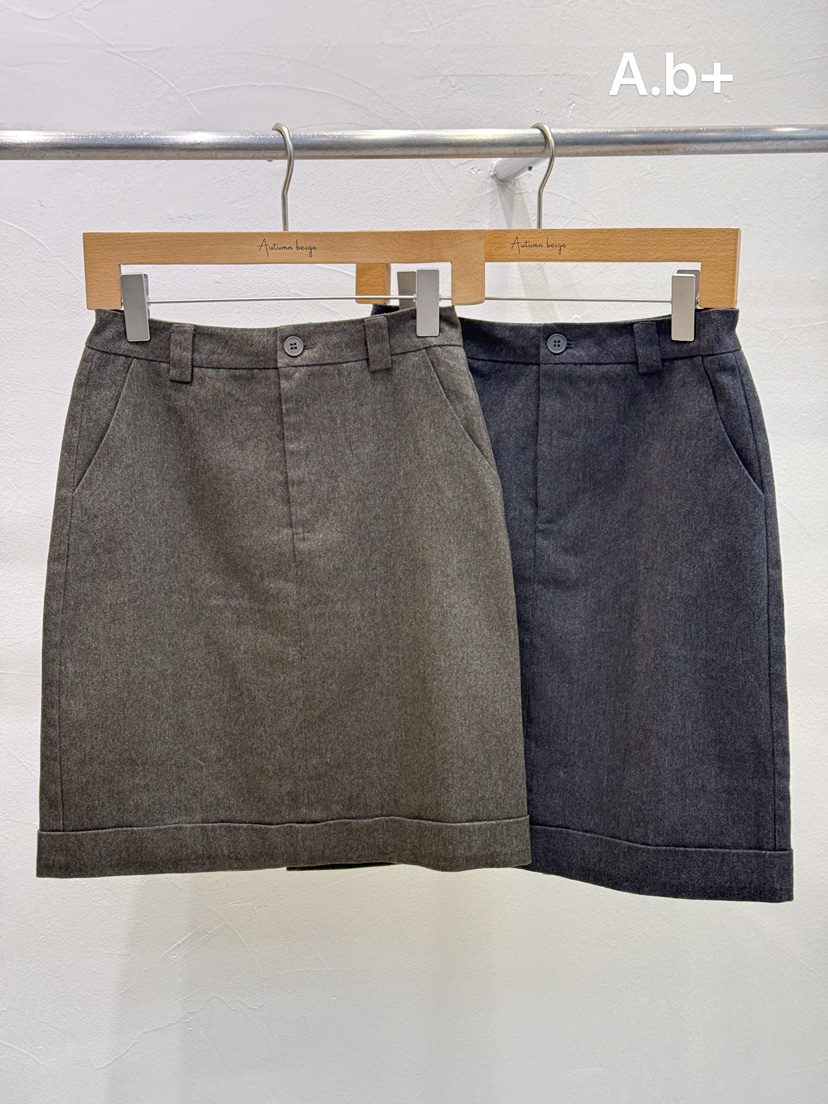 A.b+/AUTUMN BEIGE東大門代購26秋冬高腰卷邊西裝裙半身裙中短A.b+/AUTUMN BEIGE半身裙/中短裙
