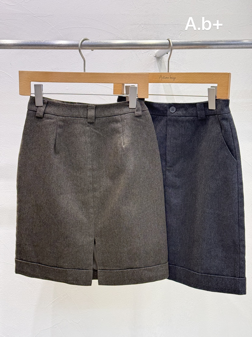 A.b+/AUTUMN BEIGE東大門代購26秋冬高腰卷邊西裝裙半身裙中短A.b+/AUTUMN BEIGE半身裙/中短裙