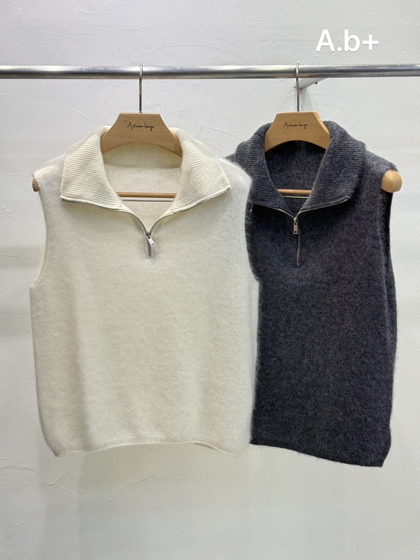 A.b+/AUTUMN BEIGE東大門代購26秋冬半拉鏈翻領針織背心吊帶半A.b+/AUTUMN BEIGE吊帶/背心