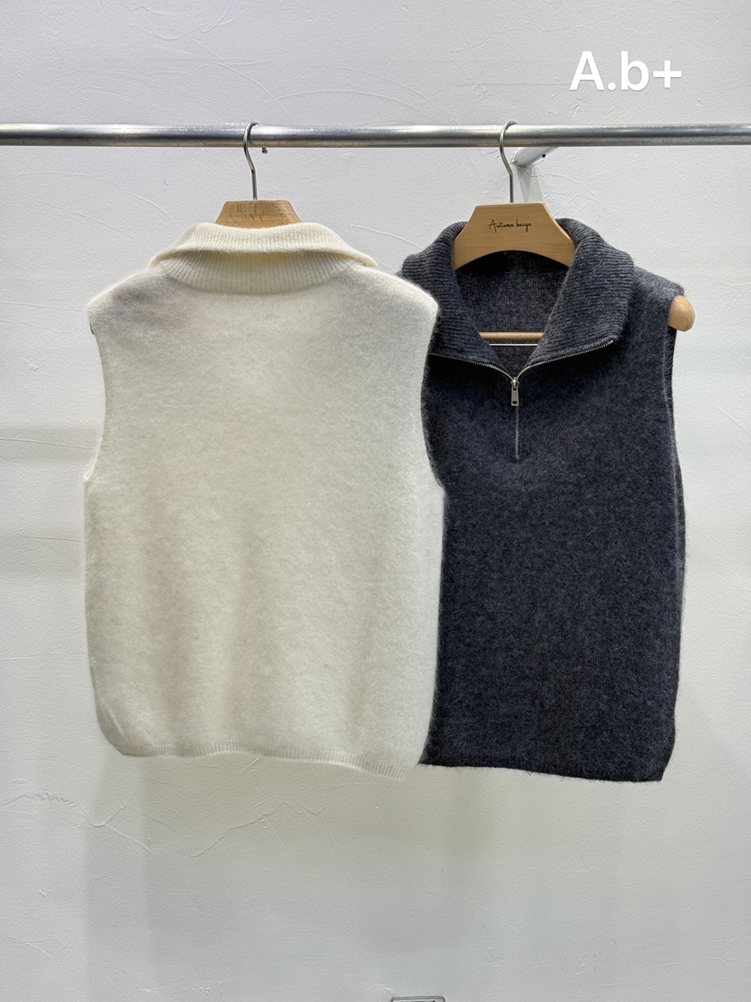 A.b+/AUTUMN BEIGE東大門代購26秋冬半拉鏈翻領針織背心吊帶半A.b+/AUTUMN BEIGE吊帶/背心