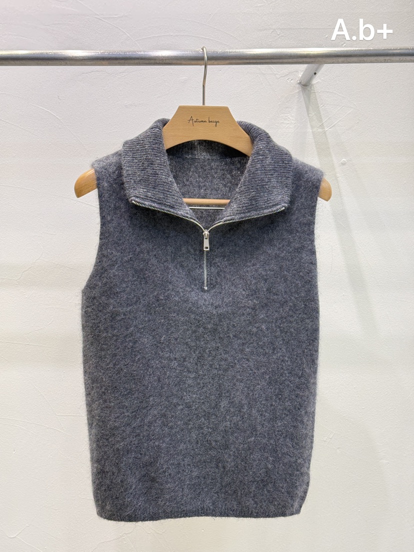 A.b+/AUTUMN BEIGE東大門代購26秋冬半拉鏈翻領針織背心吊帶半A.b+/AUTUMN BEIGE吊帶/背心圖色2