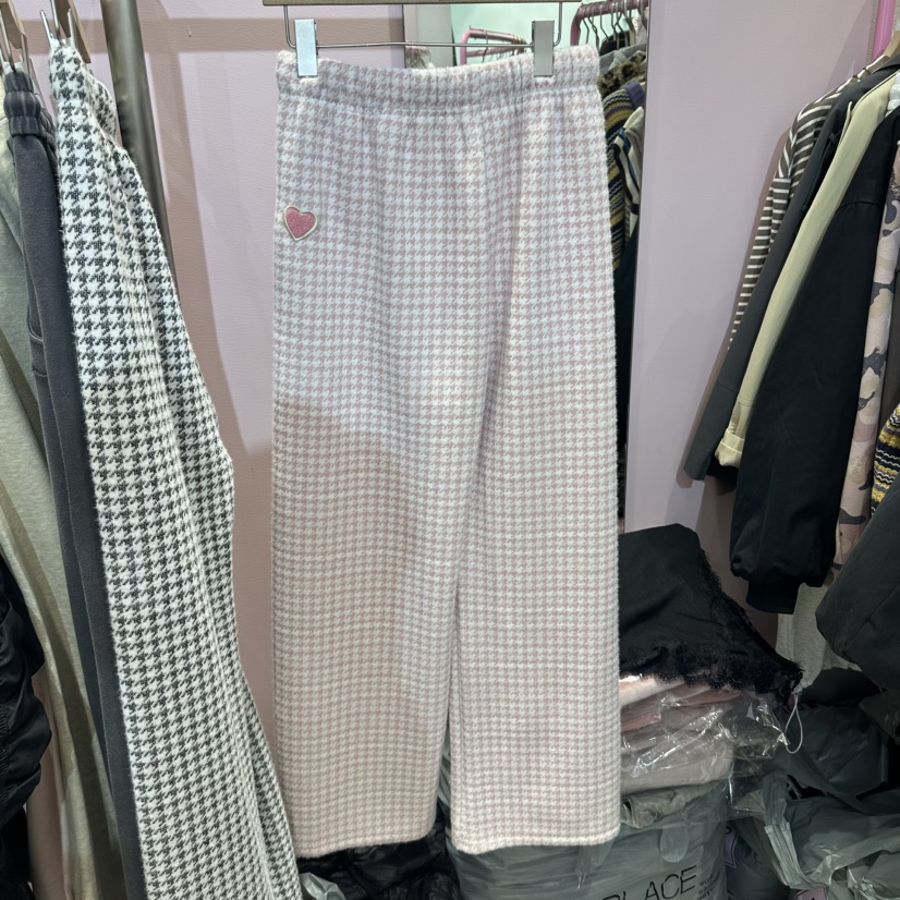 ANNA東大門代購26秋冬千鳥格愛心刺繡闊腿休閑褲闊腿褲刺繡直ANNA休閑褲圖色1