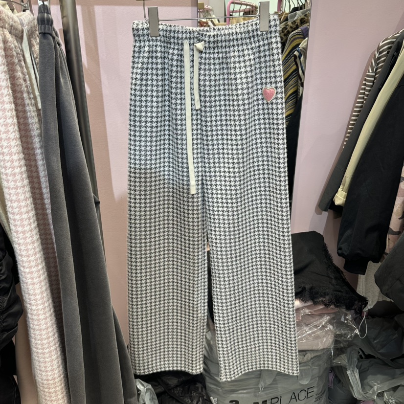 ANNA東大門代購26秋冬千鳥格愛心刺繡闊腿休閑褲闊腿褲刺繡直ANNA休閑褲圖色2