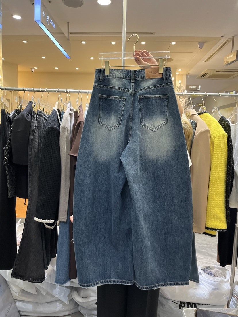 Work_shop韓國直郵26秋冬拼接闊腿復古牛仔褲破洞Work_shop牛仔褲