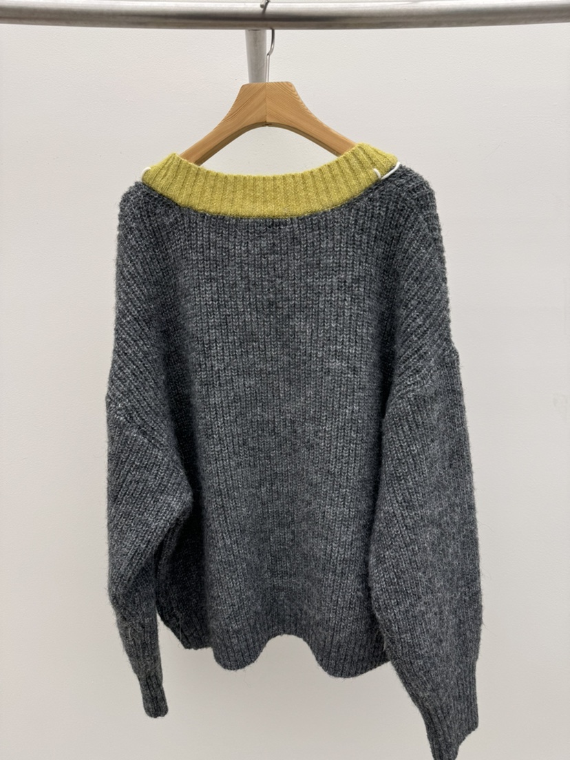 THORE東大門代購26秋冬撞色V領刺繡針織開衫單排扣V領口袋刺繡THORE開衫