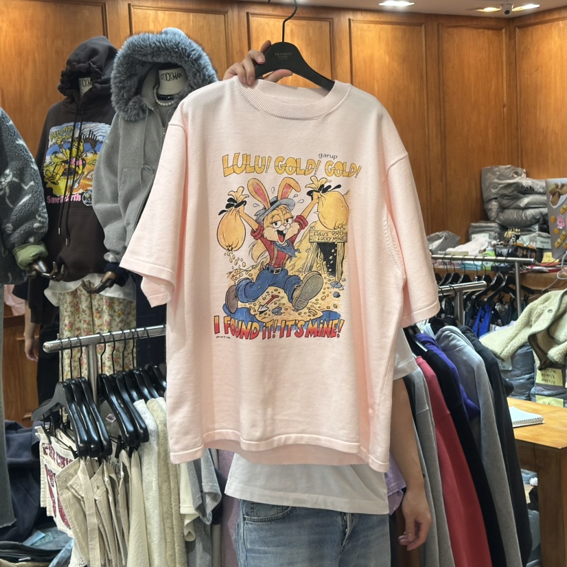 GARMENT東大門代購26秋冬寬松卡通印花短袖T恤落肩圓領寬松GARMENTT恤圖色2