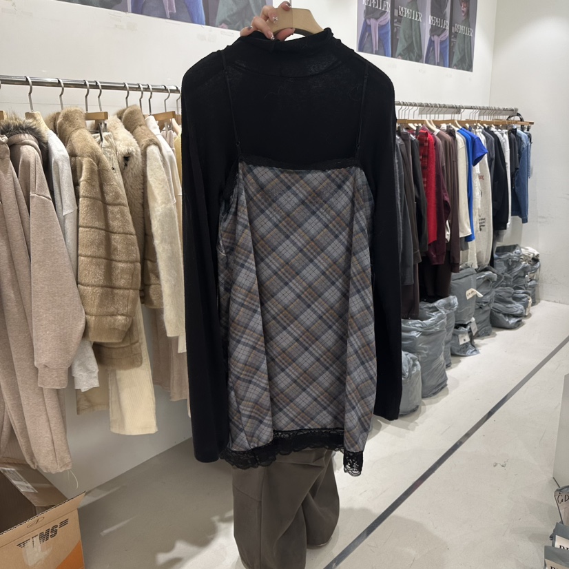 REPELLER韓國代購26秋冬格紋蕾絲吊帶裙連衣裙天鵝絨V領格子蕾REPELLER連衣裙