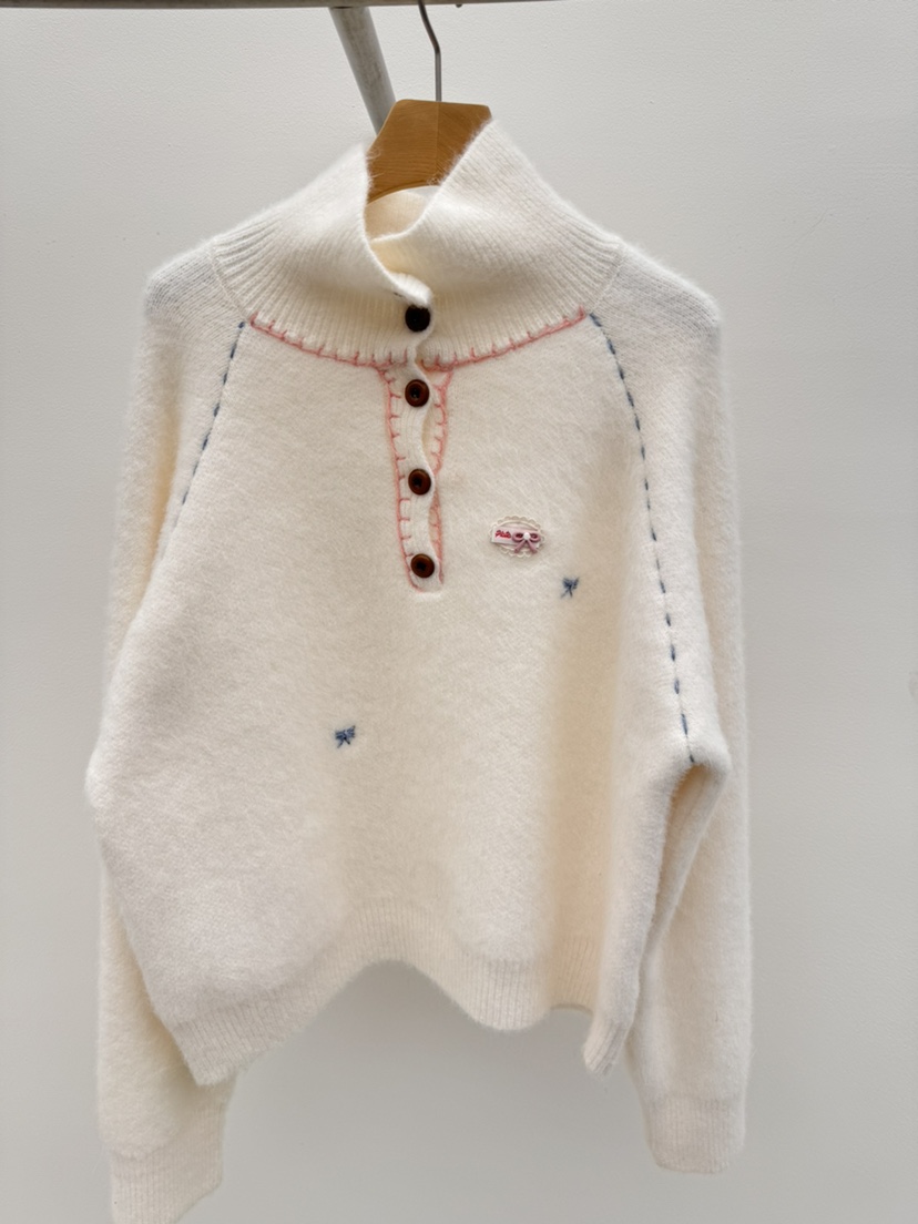 THORE韓國代購26秋冬半開襟立領刺繡毛衣插肩袖立領刺繡高領開THORE毛衣圖色1