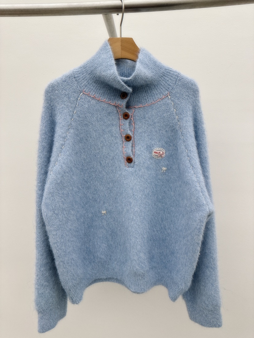 THORE韓國代購26秋冬半開襟立領刺繡毛衣插肩袖立領刺繡高領開THORE毛衣圖色2