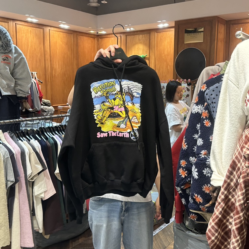 GARMENT韓國直郵26秋冬加絨連帽印花衛衣口袋加絨抽繩落肩寬松GARMENT衛衣圖色2