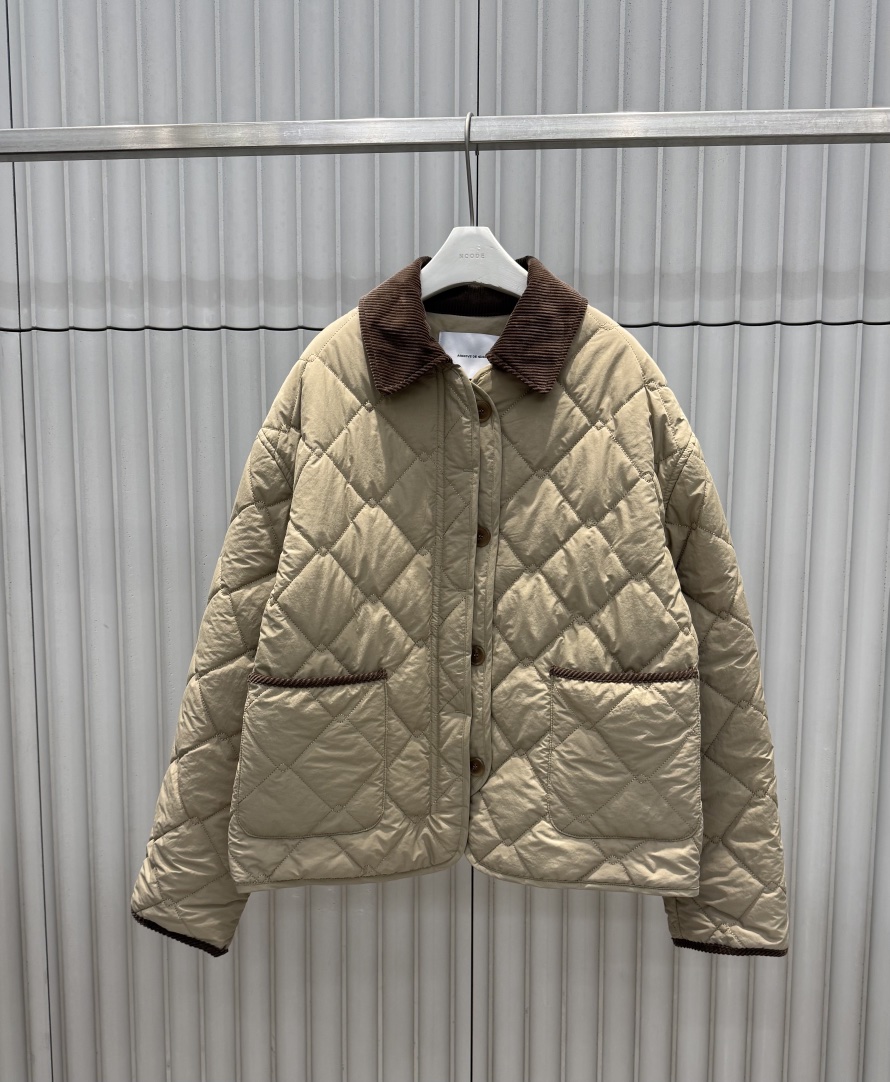 NCODE韓國代購26秋冬撞色領菱格短棉服短款棉服單排扣口袋撞色NCODE短款棉服圖色1