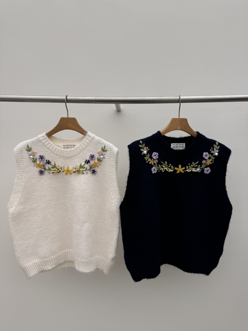 THORE東大門直郵26秋冬刺繡波浪擺針織背心吊帶刺繡圓領無袖THORE吊帶/背心