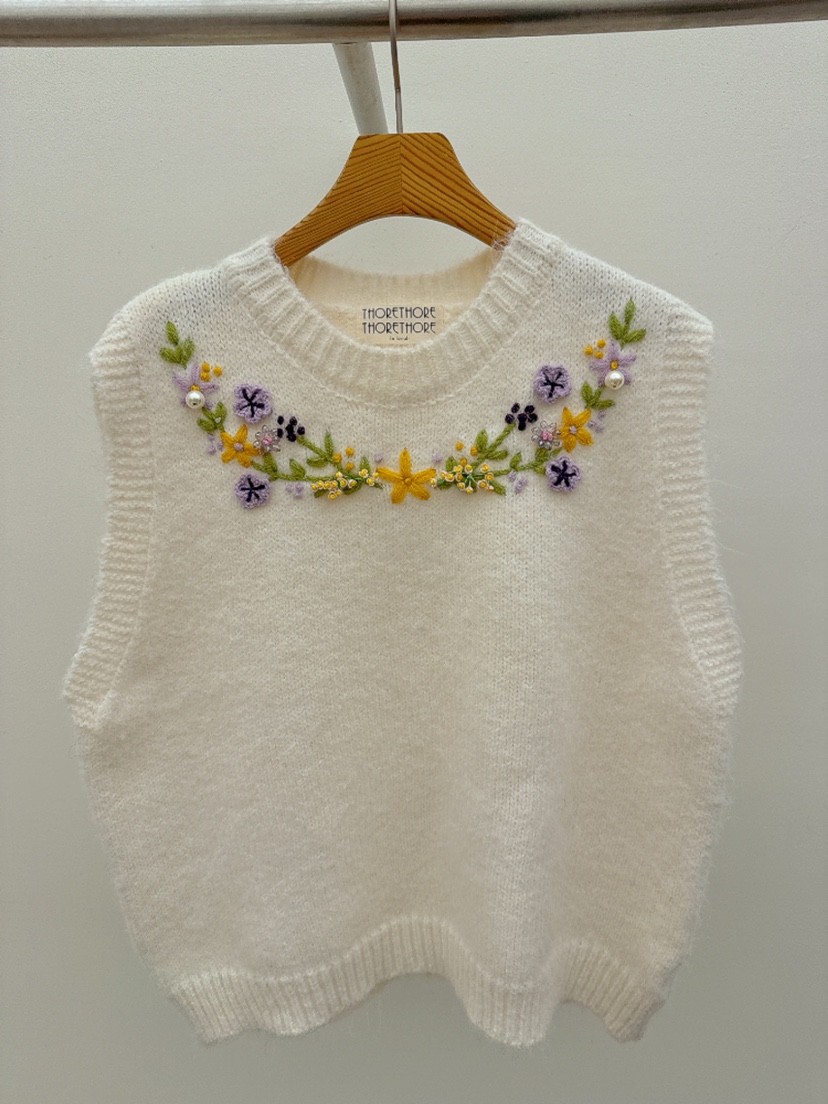 THORE東大門直郵26秋冬刺繡波浪擺針織背心吊帶刺繡圓領無袖THORE吊帶/背心圖色1
