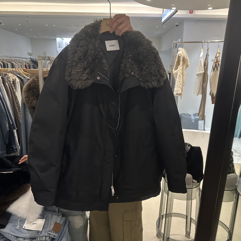 Acker東大門代購26秋冬毛領短款羽絨服羽絨服口袋毛皮按扣寬松Acker短款羽絨服圖色2黑色