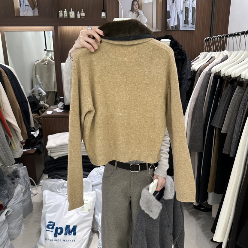 ONVEIL韓國代購26秋冬毛領短款針織開衫可愛的單排扣翻領ONVEIL開衫