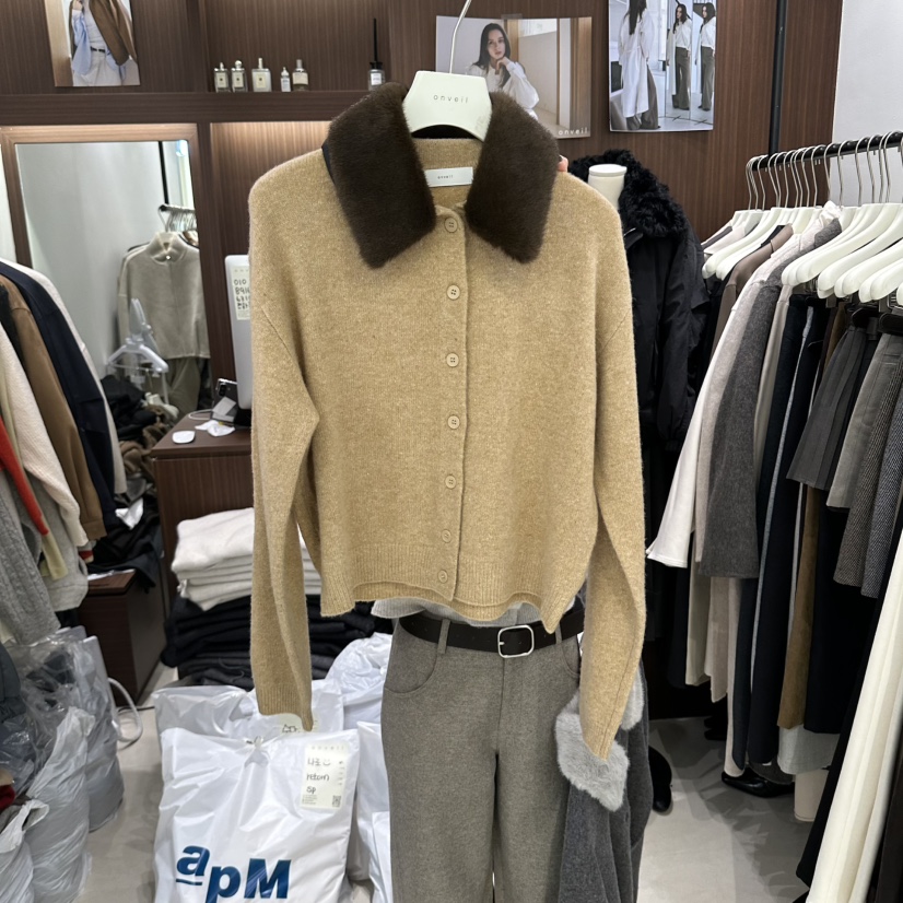 ONVEIL韓國代購26秋冬毛領短款針織開衫可愛的單排扣翻領ONVEIL開衫圖色4