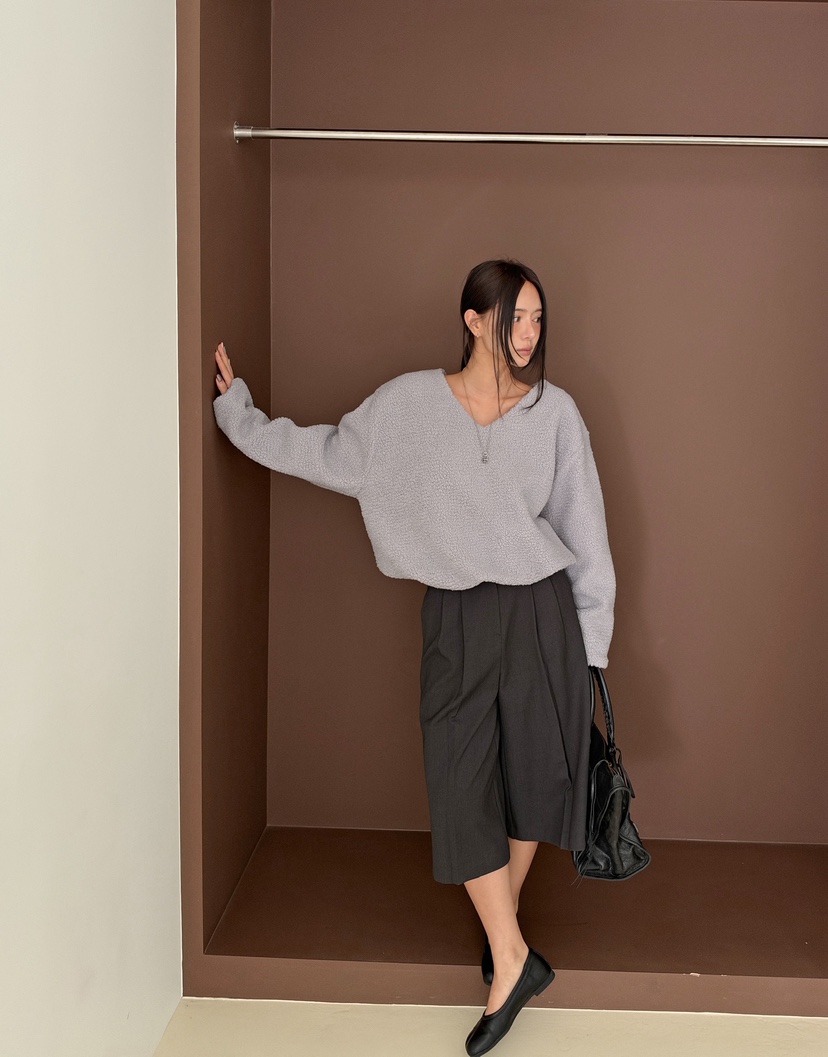 VERANDA韓國代購26秋冬V領羊羔毛短款衛衣V領落肩VERANDA衛衣