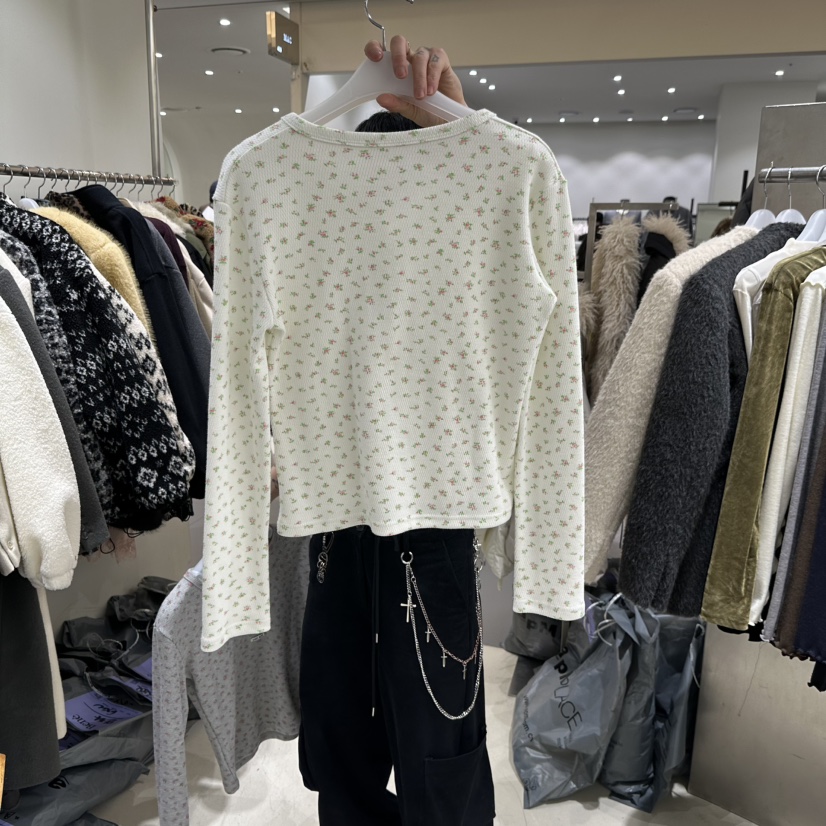 SHOP BENE_Bene韓國代購26秋冬碎花亨利領長袖T恤開襟SHOP BENE_Bene長袖T恤