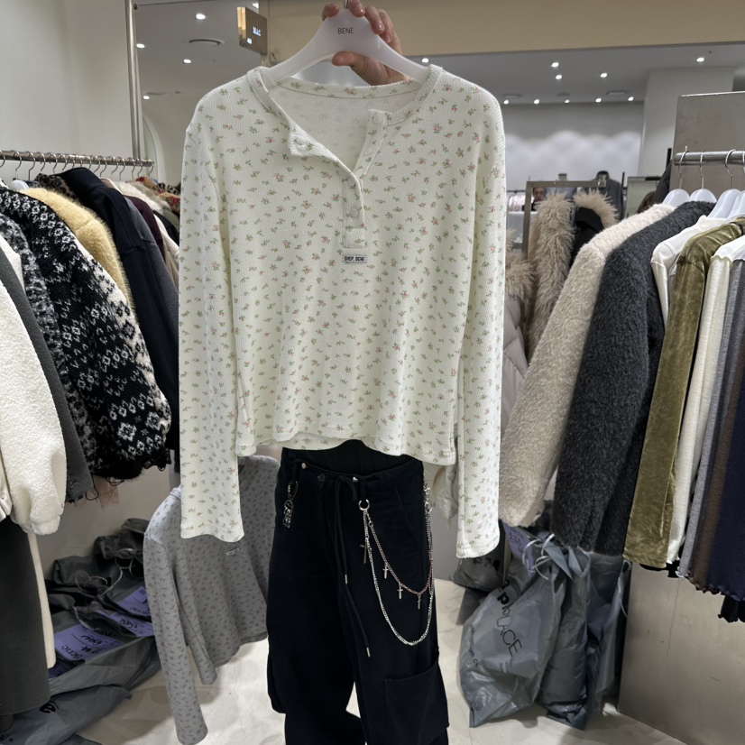 SHOP BENE_Bene韓國代購26秋冬碎花亨利領長袖T恤開襟SHOP BENE_Bene長袖T恤圖色1
