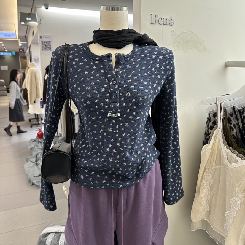 SHOP BENE_Bene韓國代購26秋冬碎花亨利領長袖T恤開襟SHOP BENE_Bene長袖T恤圖色3