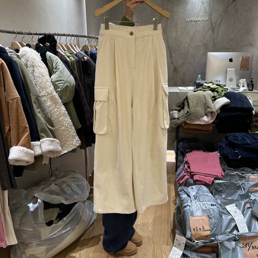 URBANE-P韓國直郵26秋冬燈芯絨工裝闊腿褲休閑褲燈心絨口袋工URBANE-P休閑褲圖色1