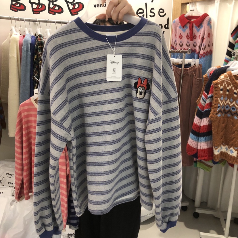 VENTI東大門直郵26秋冬米妮刺繡條紋加絨衛衣加絨刺繡落肩圓領VENTI衛衣圖色1