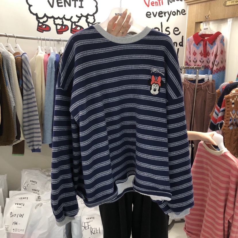 VENTI東大門直郵26秋冬米妮刺繡條紋加絨衛衣加絨刺繡落肩圓領VENTI衛衣圖色3