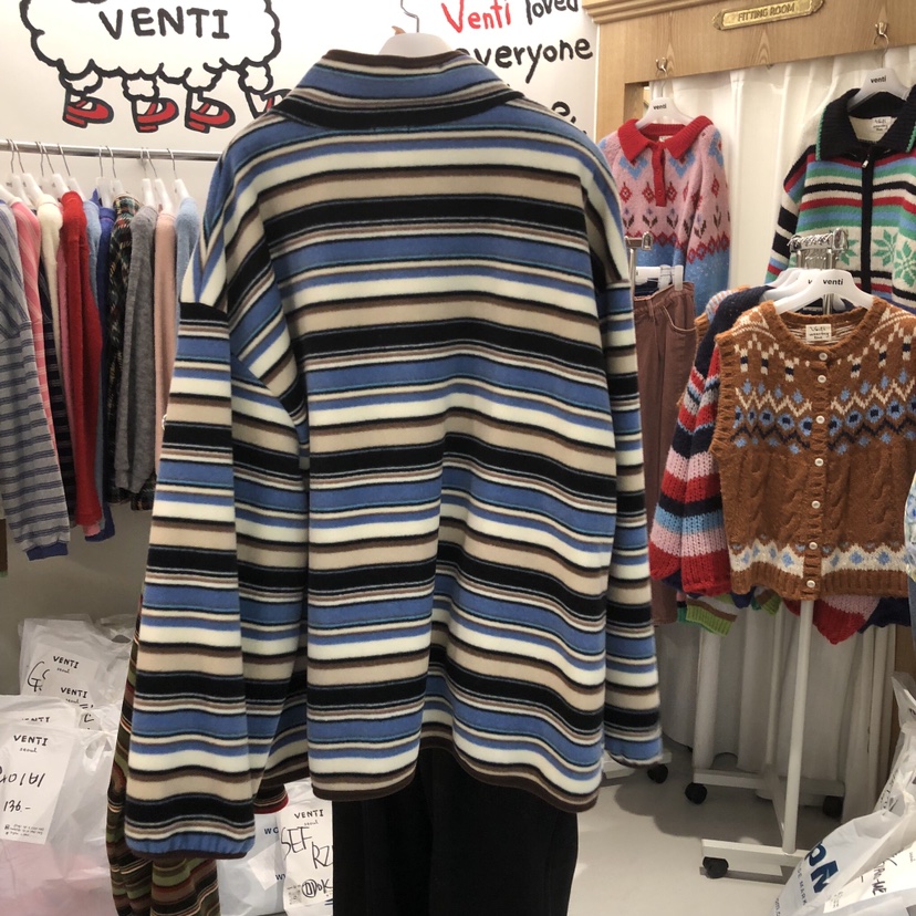 VENTI韓國直郵26秋冬寬松條紋連帽搖粒絨夾克學院風口袋抓絨寬VENTI夾克