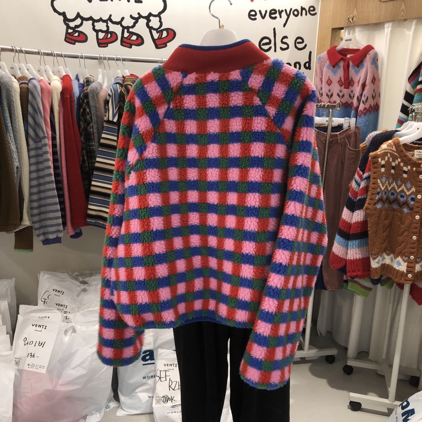 VENTI東大門代購26秋冬立領格紋羊羔毛夾克插肩袖立領羊皮按扣VENTI夾克