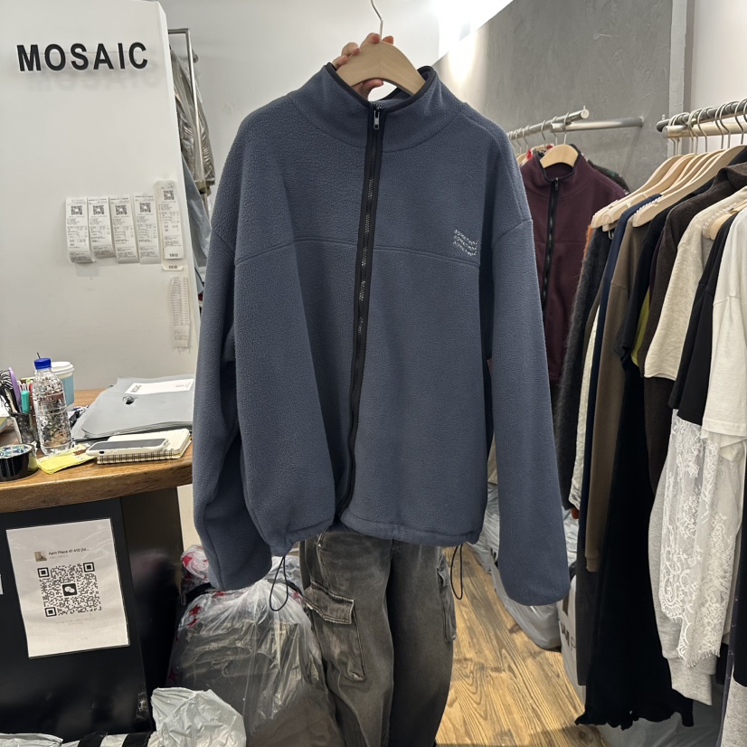 MOSAIC東大門代購26秋冬寬松立領搖粒絨夾克加絨刺繡抽繩落肩MOSAIC夾克圖色1