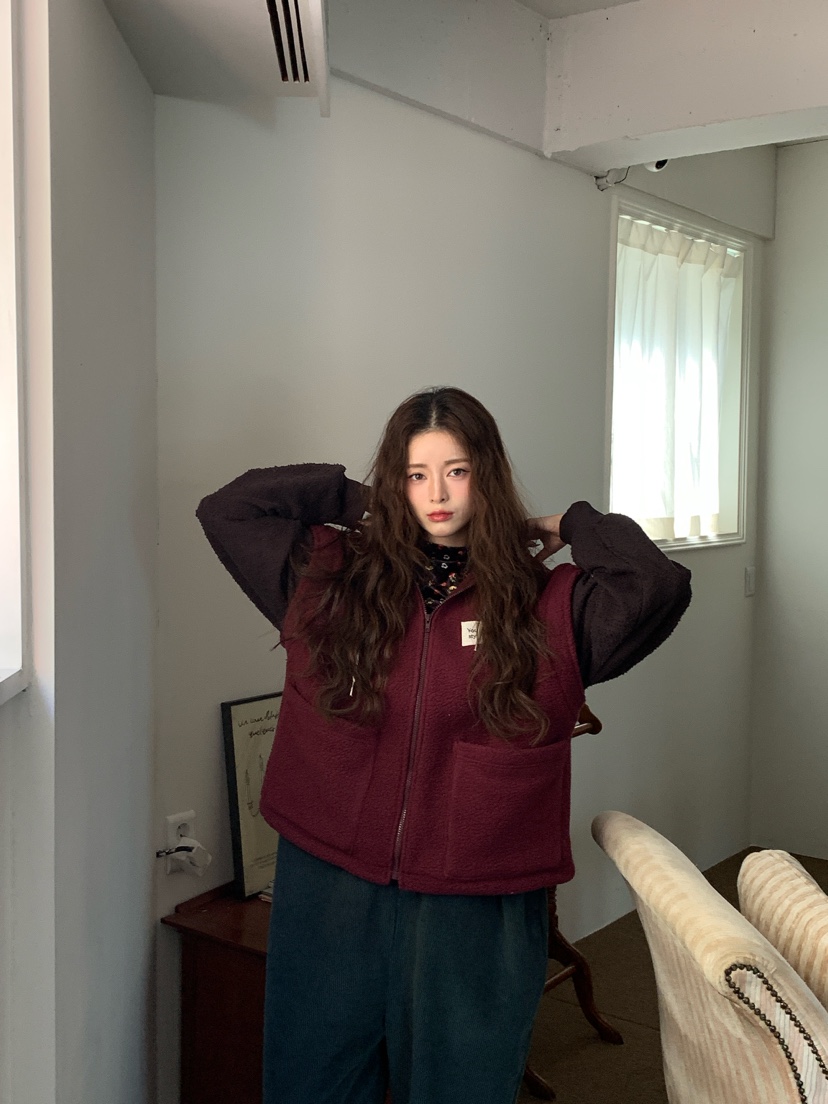 Maison de glory東大門直郵26秋冬拼色連帽搖粒絨馬甲夾克抽繩Maison de glory夾克
