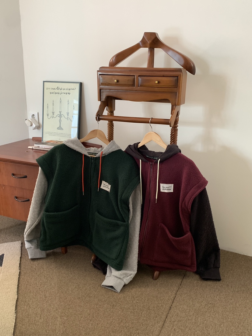 Maison de glory東大門直郵26秋冬拼色連帽搖粒絨馬甲夾克抽繩Maison de glory夾克