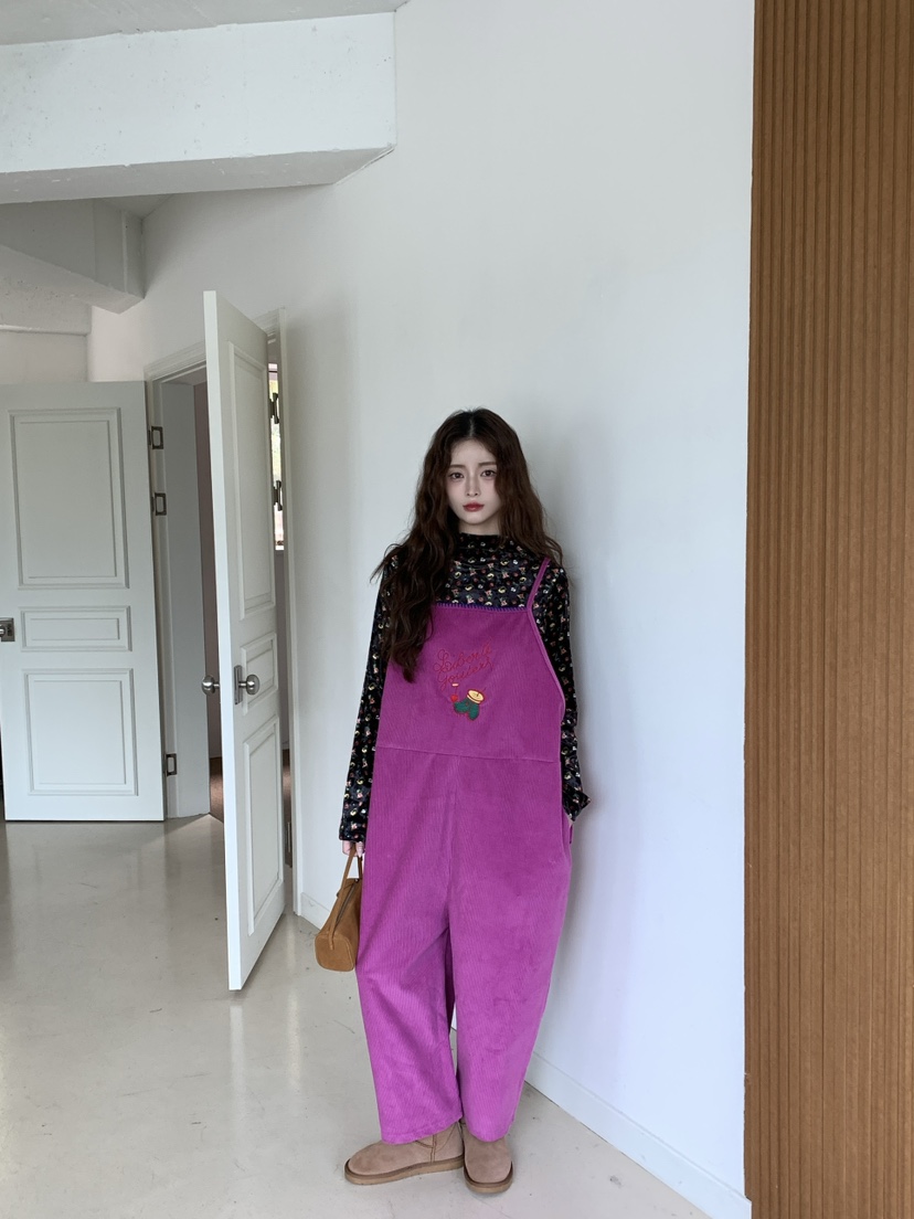 Maison de glory韓國代購26秋冬燈芯絨背帶褲燈心絨口袋刺繡寬Maison de glory背帶褲