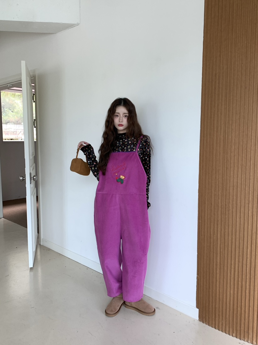 Maison de glory韓國代購26秋冬燈芯絨背帶褲燈心絨口袋刺繡寬Maison de glory背帶褲