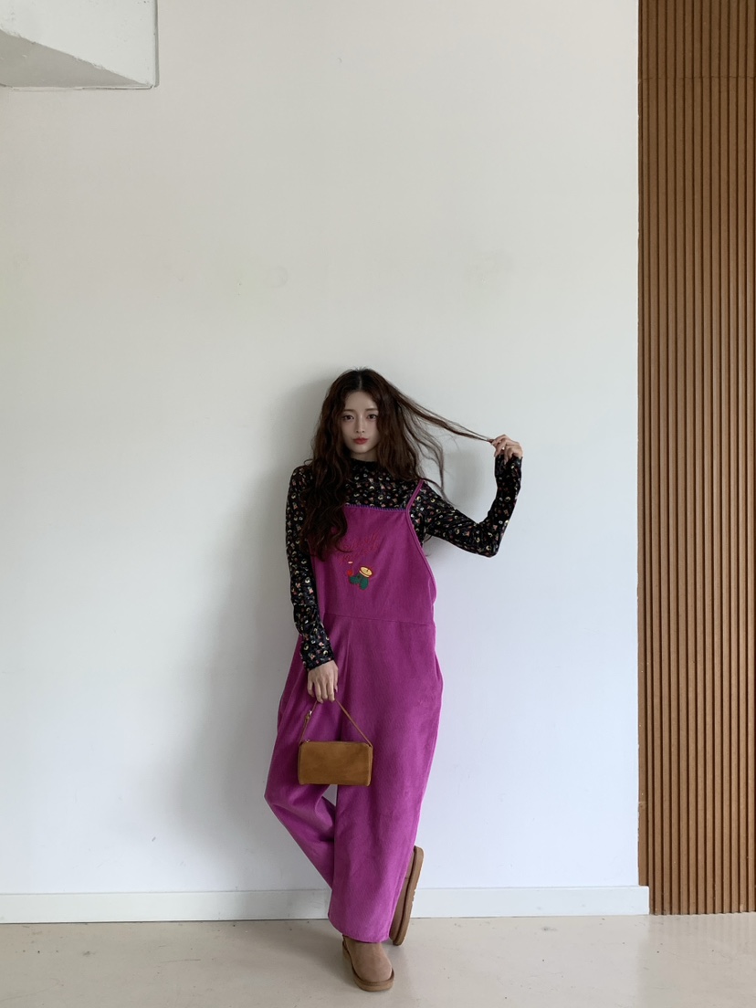 Maison de glory韓國代購26秋冬燈芯絨背帶褲燈心絨口袋刺繡寬Maison de glory背帶褲