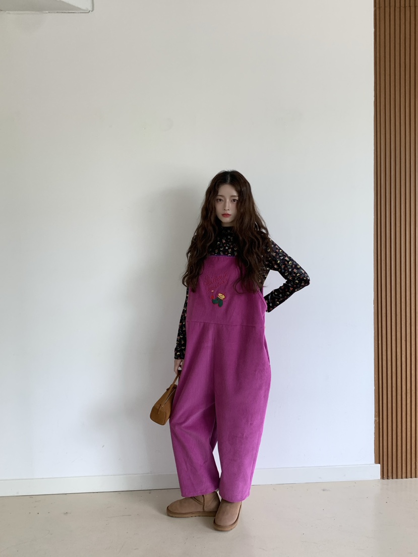 Maison de glory韓國代購26秋冬燈芯絨背帶褲燈心絨口袋刺繡寬Maison de glory背帶褲