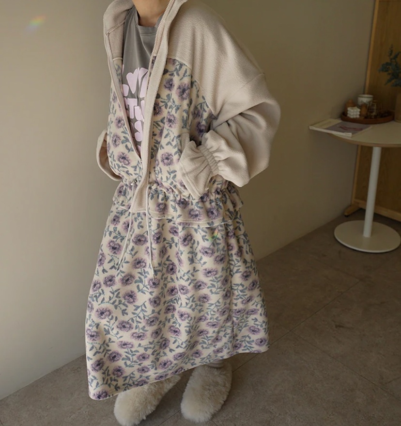 Maison de glory東大門代購26秋冬拼接碎花絨面裙連衣裙荷葉邊Maison de glory連衣裙