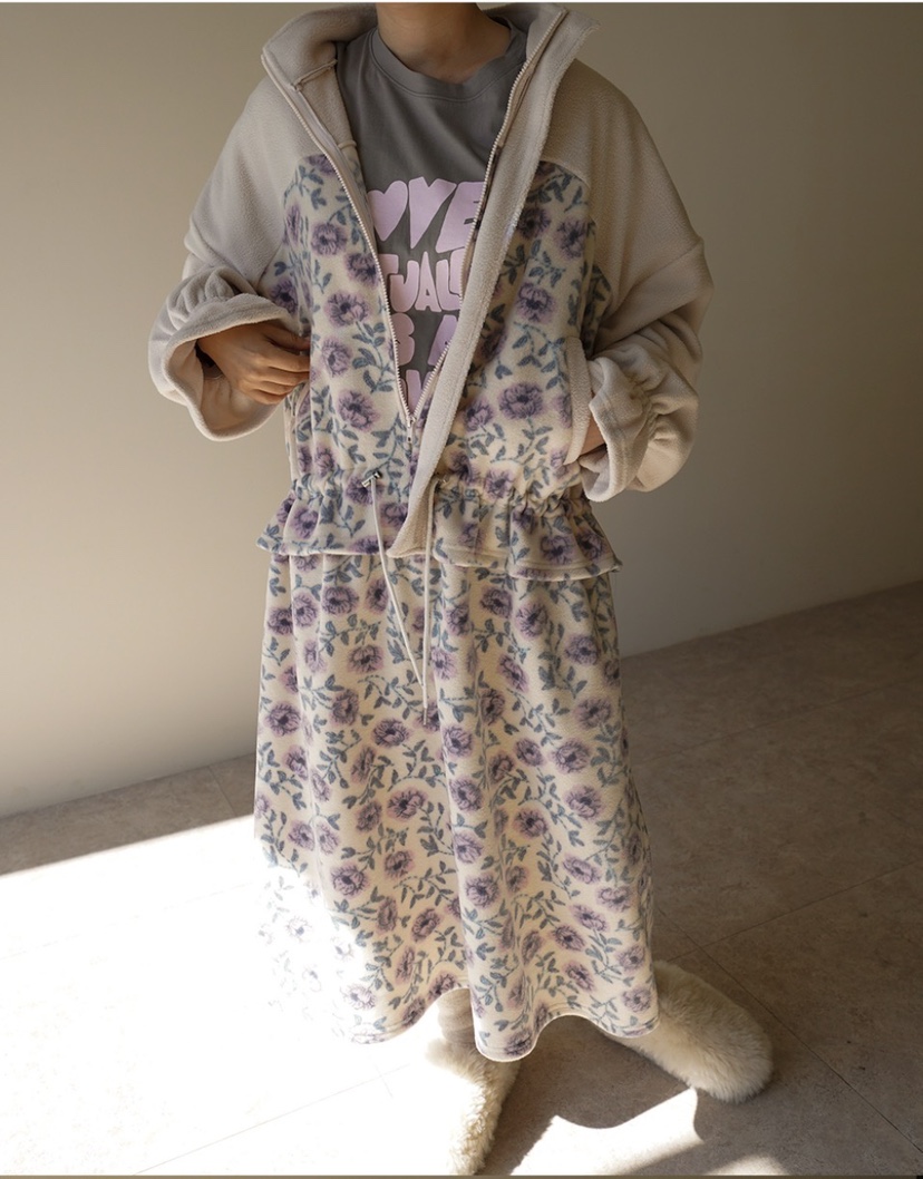 Maison de glory東大門代購26秋冬拼接碎花絨面裙連衣裙荷葉邊Maison de glory連衣裙