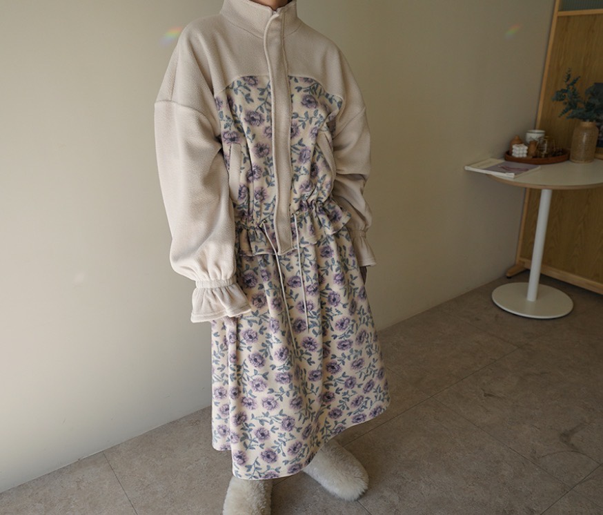 Maison de glory東大門代購26秋冬拼接碎花絨面裙連衣裙荷葉邊Maison de glory連衣裙