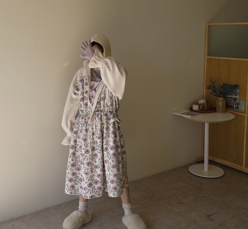 Maison de glory東大門代購26秋冬拼接碎花絨面裙連衣裙荷葉邊Maison de glory連衣裙