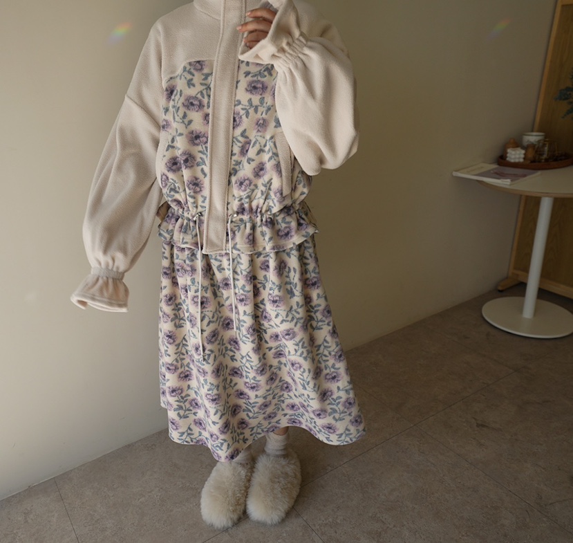 Maison de glory東大門代購26秋冬拼接碎花絨面裙連衣裙荷葉邊Maison de glory連衣裙