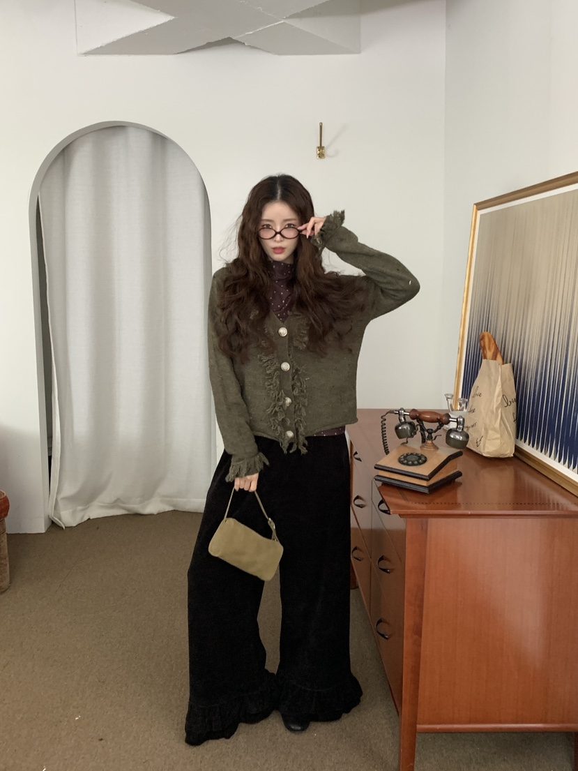 Maison de glory韓國代購26秋冬闊腿燈芯絨休閑褲 雙層荷葉邊Maison de glory休閑褲