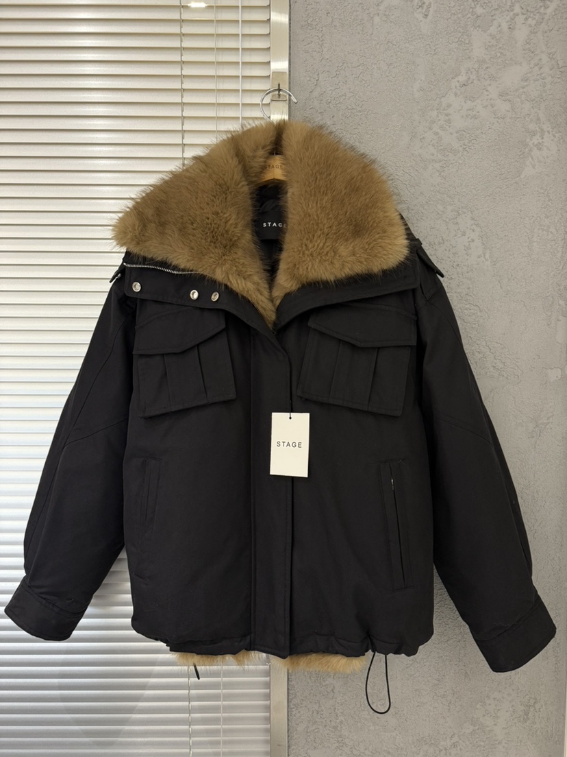 STAGE韓國直郵26秋冬寬松毛領工裝短款棉服抽繩寬松STAGE短款棉服圖色1